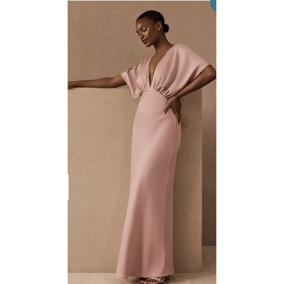 BHLDN bridesmaid dress Leila Deep-V Flutter Sleeve, Size 4 Color: Pink Rose  NWT - Picture 1 of 15